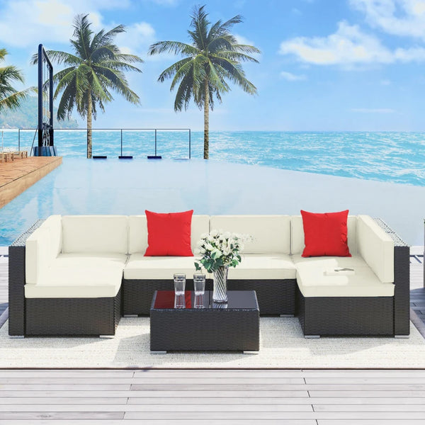7pc Wicker Patio Furniture Sectional Sofa Set with Cushions - Deep Coffee and Cream