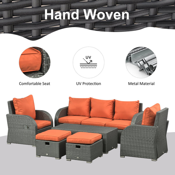 6pc Wicker Rattan Outdoor Patio Recliner Furniture Set - Orange