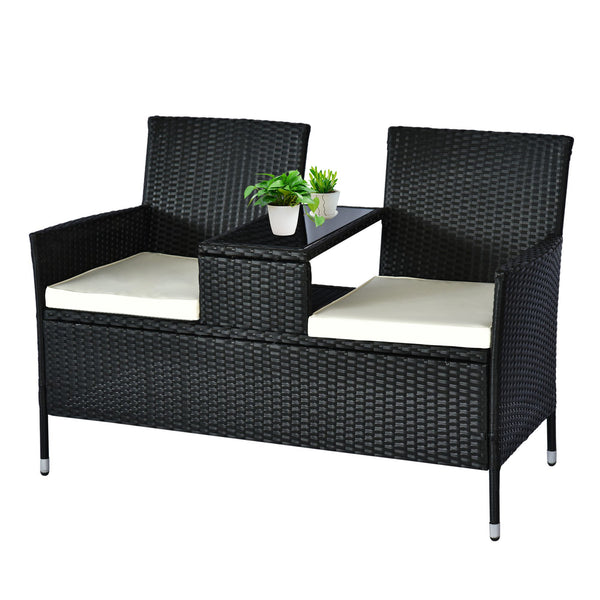 2 Seat Wicker Rattan Patio Bench with Tea Table - Black and Cream