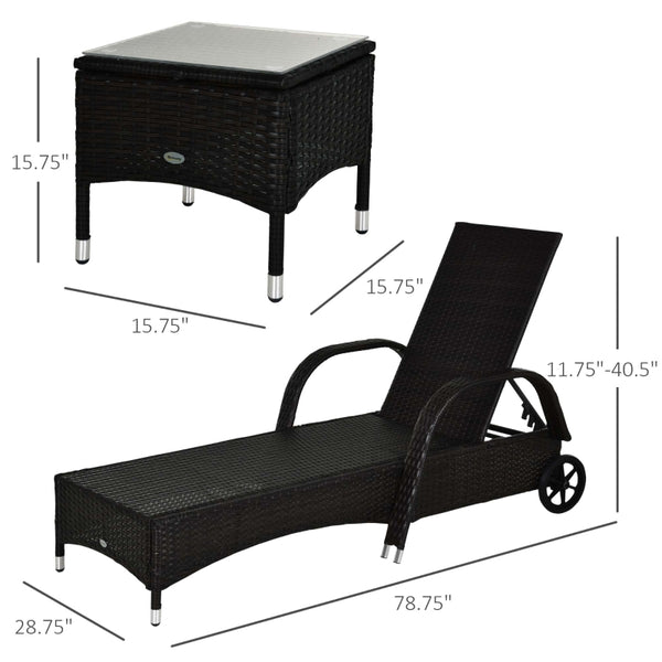 3pc Wheeled Patio Rattan Lounge Set with Side Table - Black