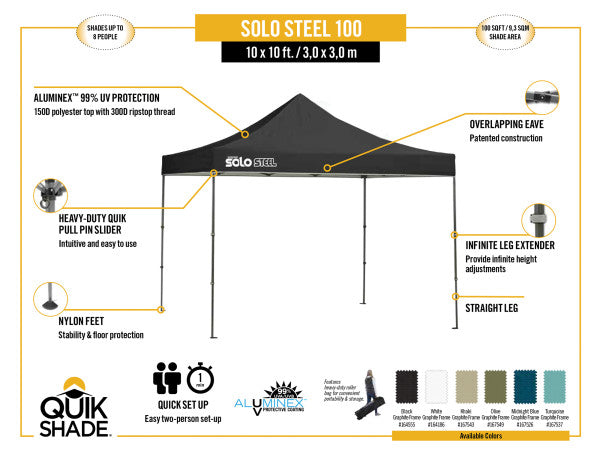 10x10 ft. Solo Steel Height Adjustable Straight Leg Premium Pop-Up Canopy Tent - Assorted Colours