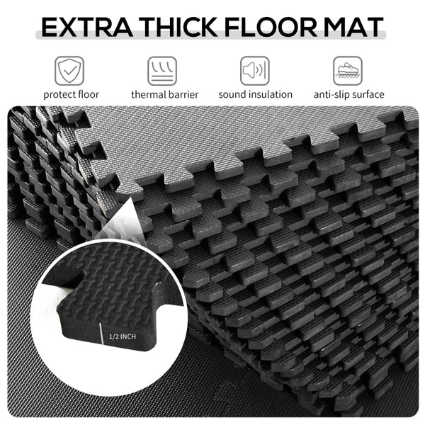 Black Wood Grain Interlocking Floor Exercise Home Office Mats - 54 Pc Set