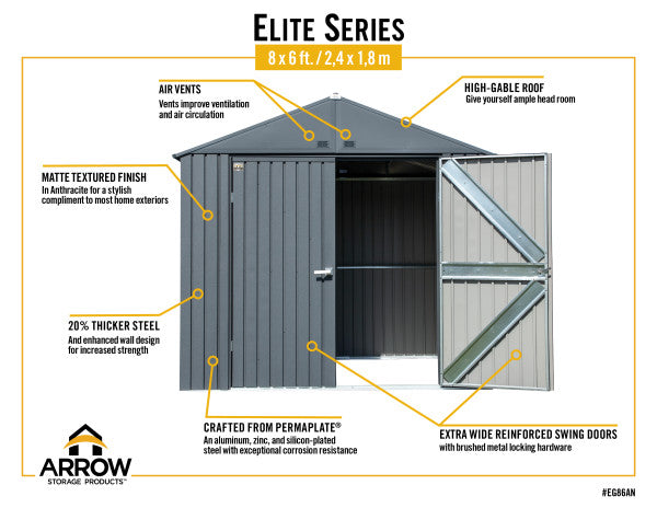 8x6 ft. Arrow Elite Storage Shed - Anthracite