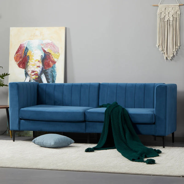 78" Channel Tufted 3-Seater Sofa Couch - Blue