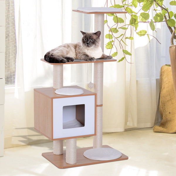 47"  Cat Tree Condo with Scratching Post - Natural Wood & White