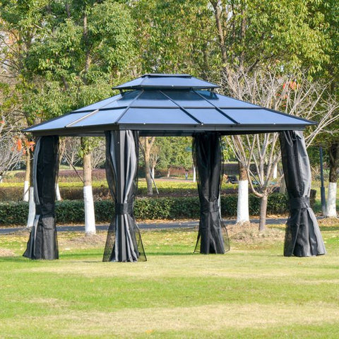 12 x 10 ft. Outdoor Double Tiered Hardtop Gazebo Canopy with Curtains - Black