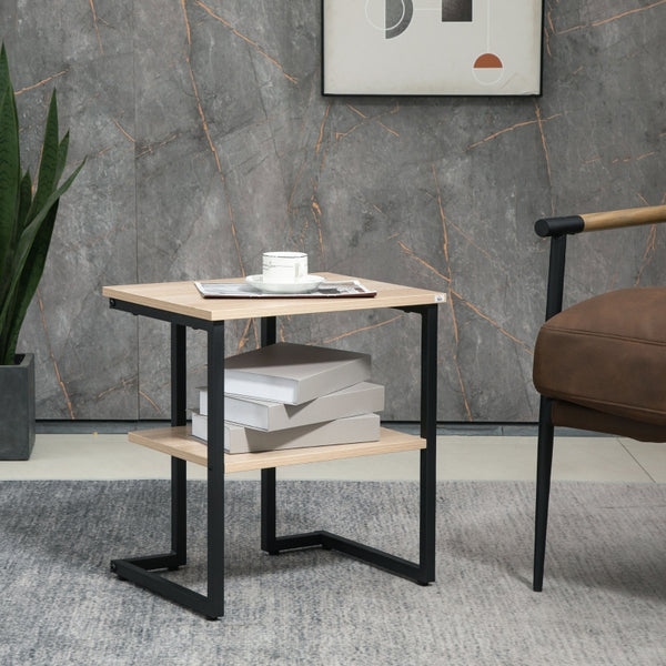 Modern Side Table with 2-Tier Storage - Natural
