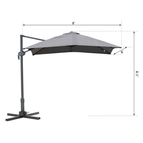 8x8 ft. Cantilever Outdoor Square Patio Hanging Garden Umbrella - Grey