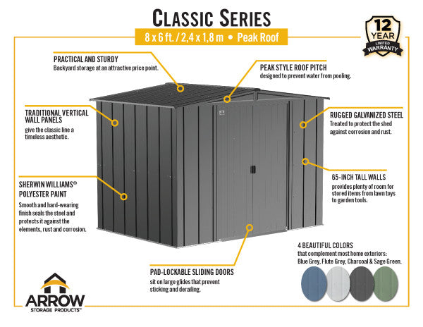 8x6 ft. Arrow Classic Storage Shed - Flute Grey