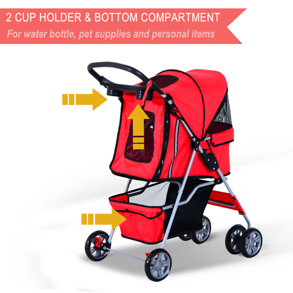 Pet Stroller with Folding Sunshade - Red