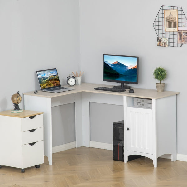 L-Shaped Computer Desk with Open Shelf and Storage Cabinet - Natural Wood and White