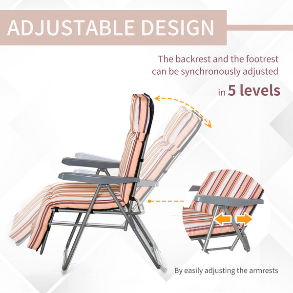 Set of 2 Garden Patio Poolside Adjustable Lounger WIth Cushions - Orange Stripes