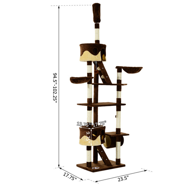 94"-102" Multilevel Cat Tree Play House - Brown and Beige