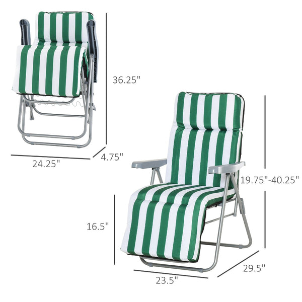 Set of 2 Garden Patio Poolside Adjustable Lounger WIth Cushions - Green Stripes