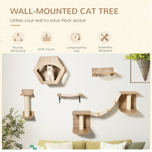 5 Piece Cat Wall-mounted Climbing Frame -  Light Brown