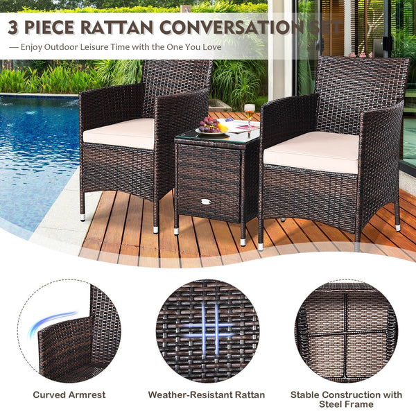 3pc Patio Wicker Rattan Outdoor Furniture Set - Beige