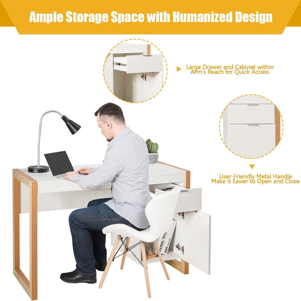 Computer Writing Desk with Cabinet - White