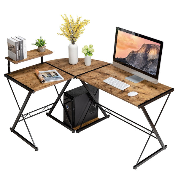 L-Shaped Computer Gaming Desk with Monitor Stand - Tan