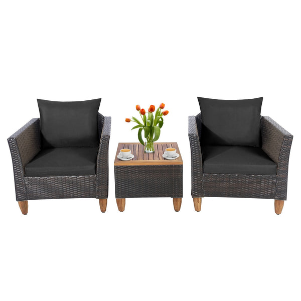 3pc Patio Rattan Furniture Set with Wooden Table Top - Black