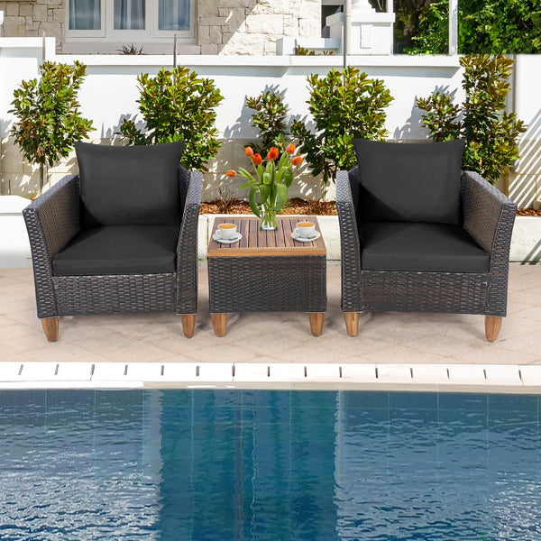 3pc Patio Rattan Furniture Set with Wooden Table Top - Black
