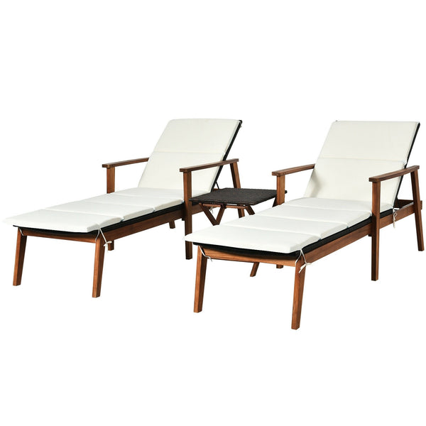 3pc Patio Lounge Chair Set with Folding Table - White