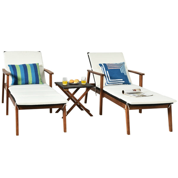 3pc Patio Lounge Chair Set with Folding Table - White