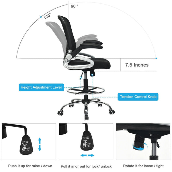 Height Flip-Up Mesh Drafting Chair - Black