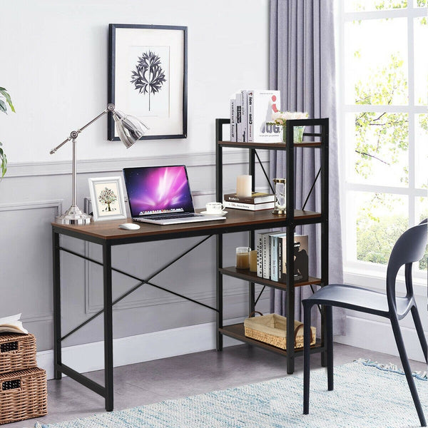 Computer Writing Desk with 4 Tier Shelf - Tan
