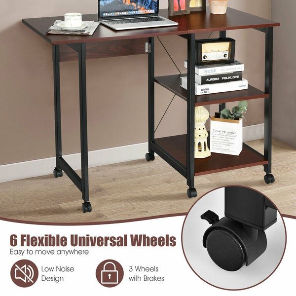 Rolling Folding Computer Desk with Storage Shelves - Brown