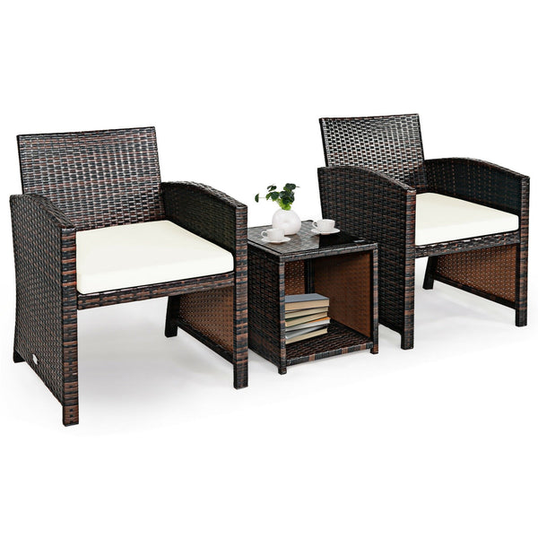 3pc Wicker Rattan Patio Furniture Set with Coffee Table - White