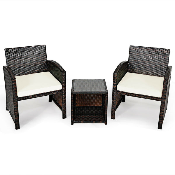 3pc Wicker Rattan Patio Furniture Set with Coffee Table - White