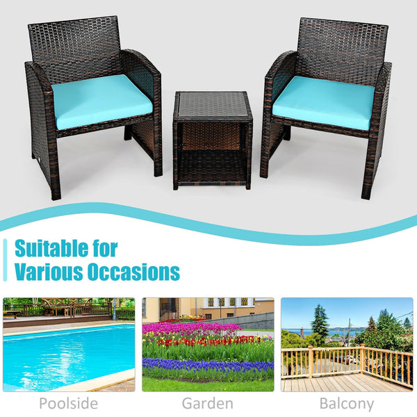 3pc Wicker Rattan Patio Furniture Set with Coffee Table - Turquoise