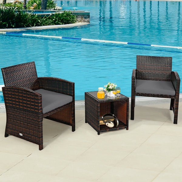 3pc Wicker Rattan Patio Furniture Set with Coffee Table - Gray