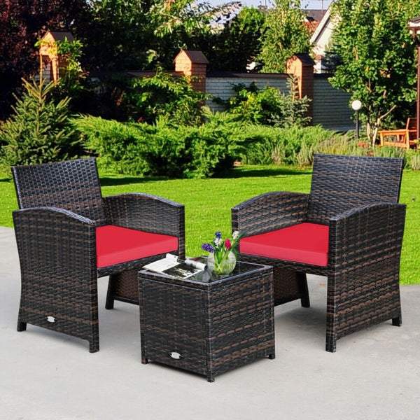 3pc Wicker Rattan Patio Furniture Set with Coffee Table - Red