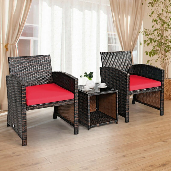 3pc Wicker Rattan Patio Furniture Set with Coffee Table - Red