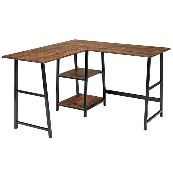 L Shaped Computer Writing Desk with Storage Shelves - Brown