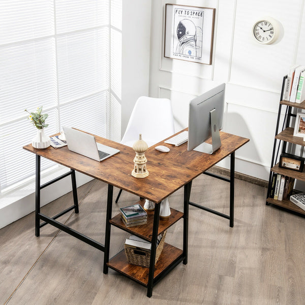 L Shaped Computer Writing Desk with Storage Shelves - Brown