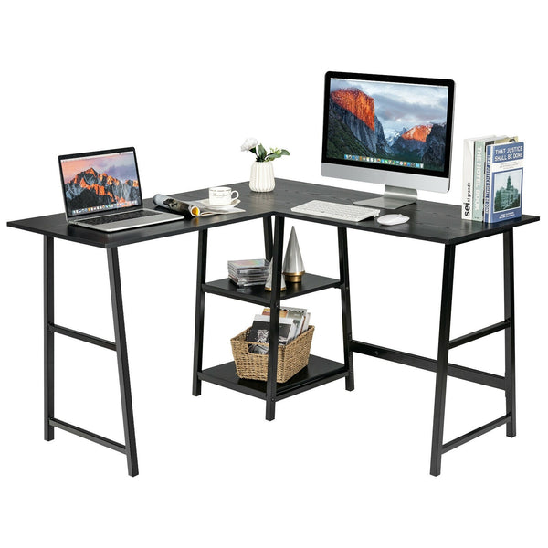 L Shaped Computer Writing Desk with Storage Shelves - Black