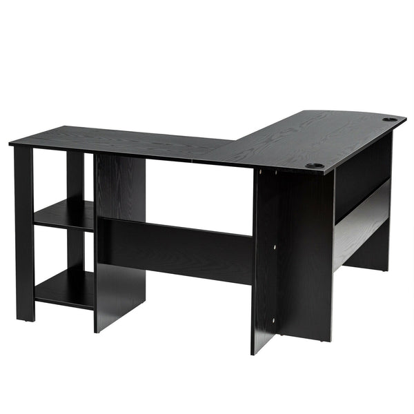 L Shaped Computer Writing Desk with Shelves - Black