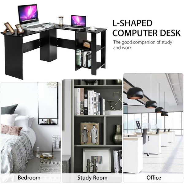 L Shaped Computer Writing Desk with Shelves - Black