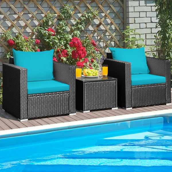 3pc Wicker Rattan Patio Conversation Set with Cushion - Turquoise