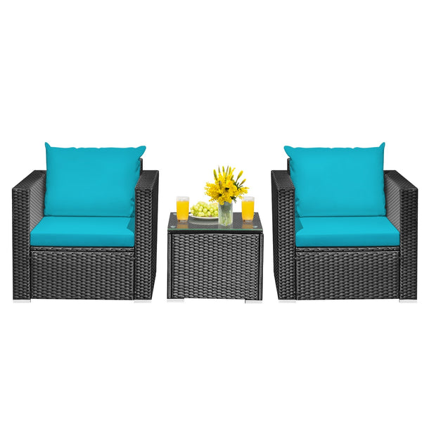 3pc Wicker Rattan Patio Conversation Set with Cushion - Turquoise