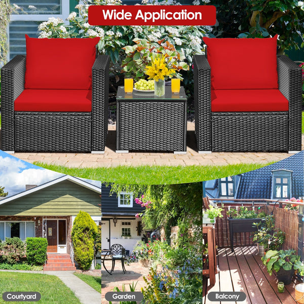 3pc Wicker Rattan Patio Conversation Set with Cushion - Red