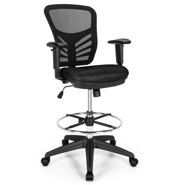 Adjustable Armrests and Foot-Ring Mesh Office Chair - Black