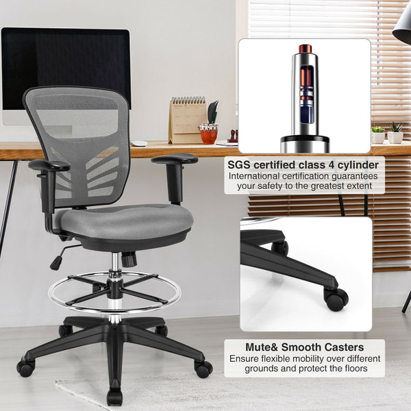 Adjustable Armrests and Foot-Ring Mesh Office Chair - Grey