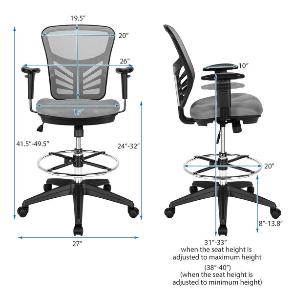 Adjustable Armrests and Foot-Ring Mesh Office Chair - Grey