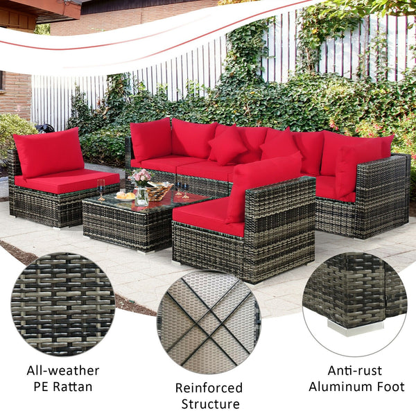 7pc Outdoor Rattan Sofa Set -  Red