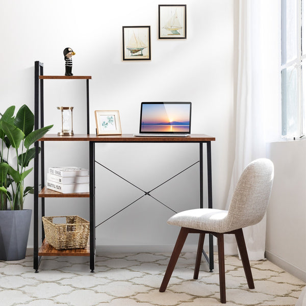 Computer Writing Desk with 4 Tier Shelf - Brown