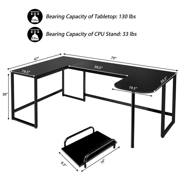 79" U-Shaped Computer Writing Desk with CPU Stand - Black
