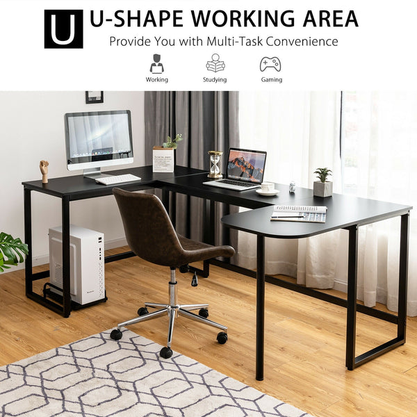79" U-Shaped Computer Writing Desk with CPU Stand - Black